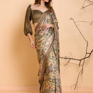 Lemon Yellow Floral Printed Semi Crepe Designer Saree | Lightweight Festive Wear
