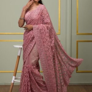 Onion Pink Threadwork Net Designer Saree | Elegant Party Wear