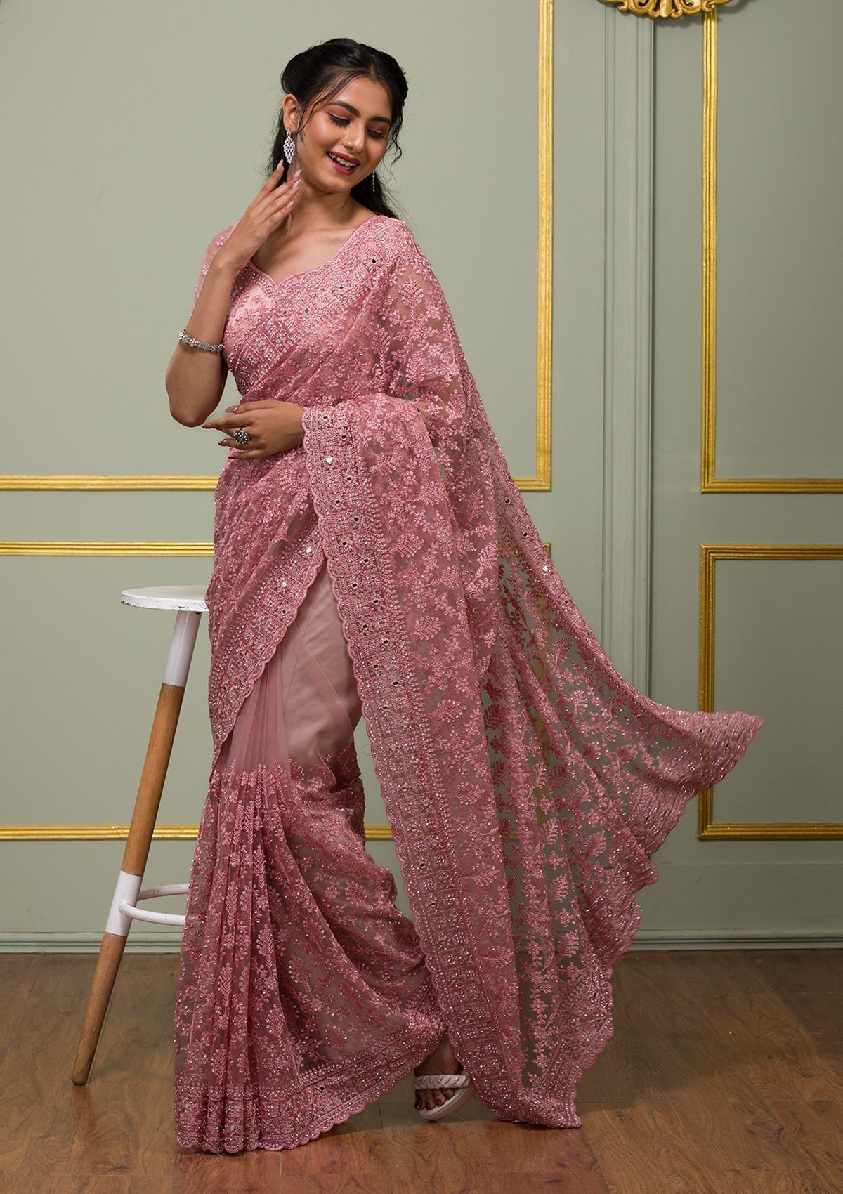 Onion Pink Threadwork Net Designer Saree | Elegant Party Wear