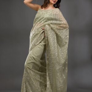 Pista Green Gotapatti Tissue Designer Saree